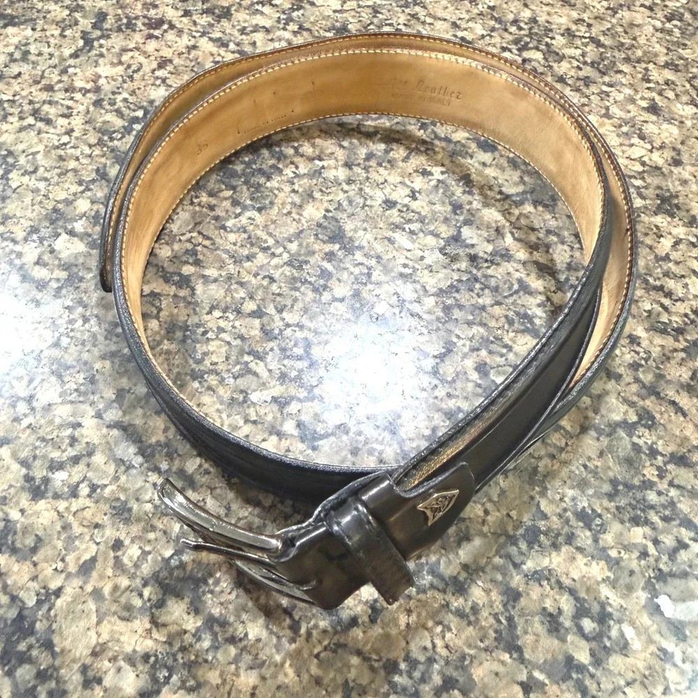 Paolo da Ponte Mens Black Leather Belt Made in Italy Size 36 Silver Buckle Logo‎